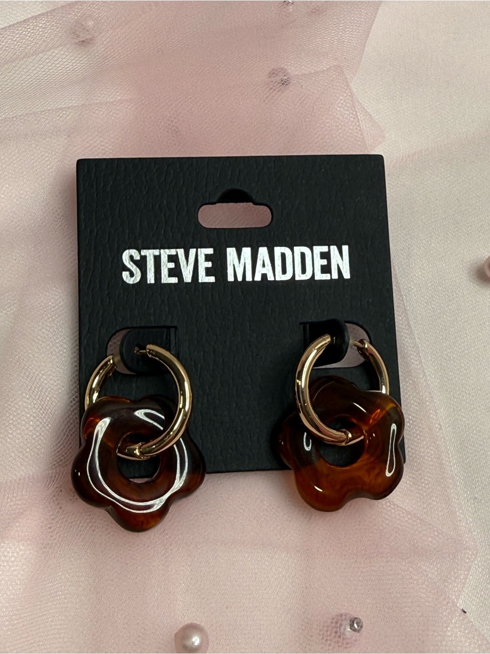 Steve Madden Gold Tone Hoop Earrings with Brown Flower Dangle